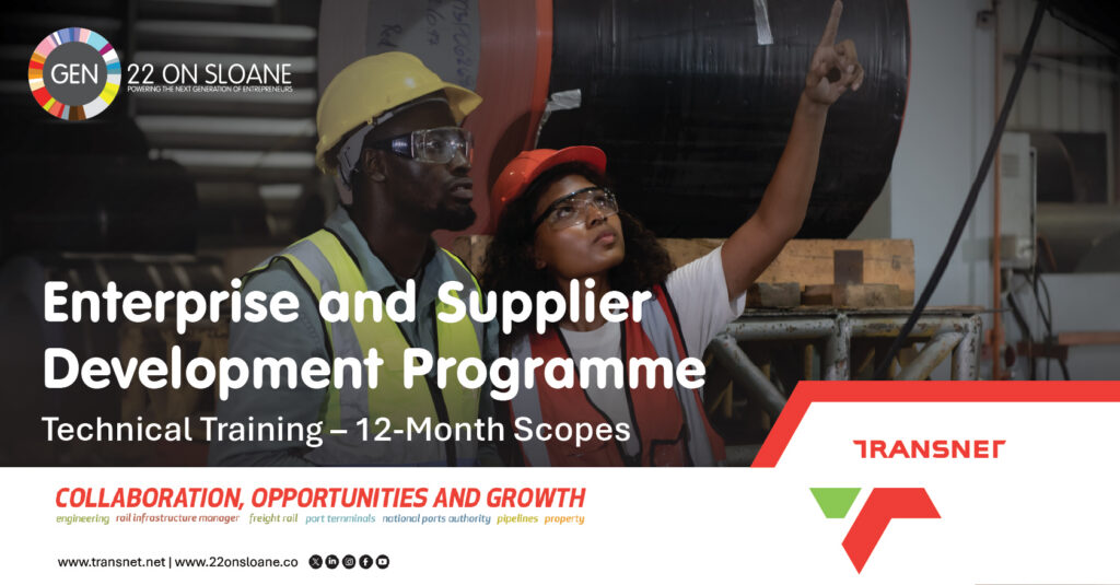 The Transnet ESD Technical Training Programme delivers technical skills development to beneficiaries in Scope C (Spill Clean-Up), Scope D (Maritime), Scope F (Exporter Development), and Scope H (Supplier Quality Incubation).